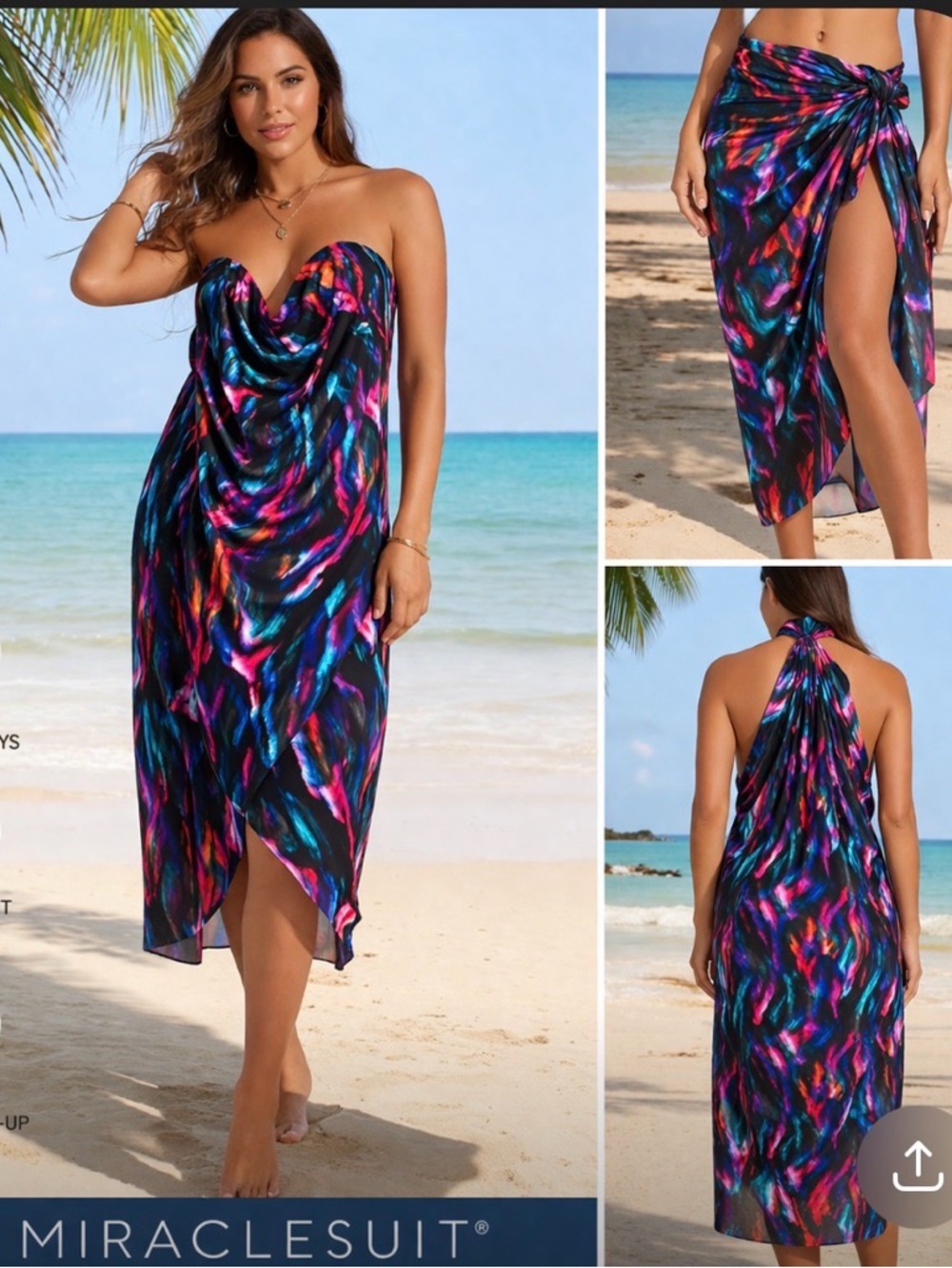 Miraclesuit Sarong Cover Up L/XL Black Multicolor Draped Swim Wrap NWT $92
